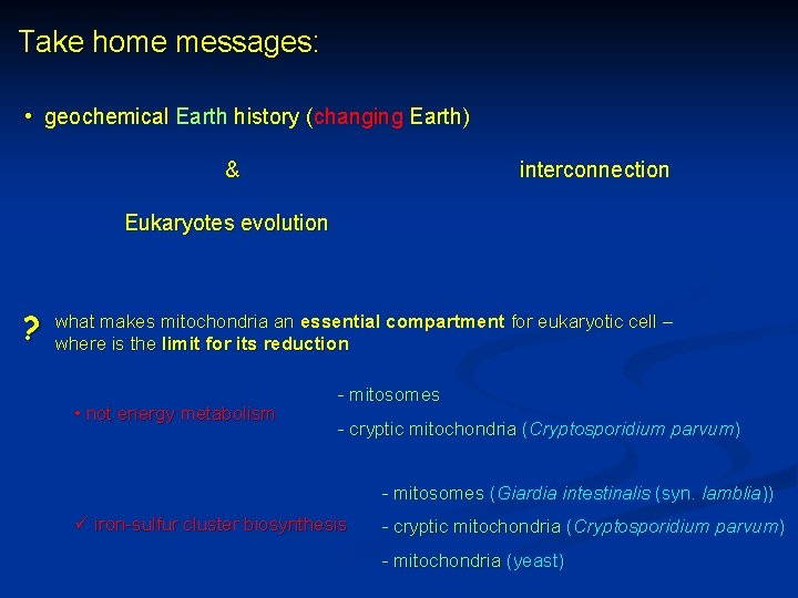 Take home messages: • geochemical Earth history (changing Earth) & interconnection Eukaryotes evolution ?