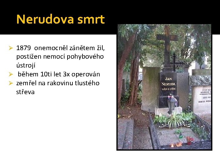 Nerudova smrt 1879 onemocněl zánětem žil, postižen nemocí pohybového ústrojí Ø během 10 ti Nerudova smrt 1879 onemocněl zánětem žil, postižen nemocí pohybového ústrojí Ø během 10 ti
