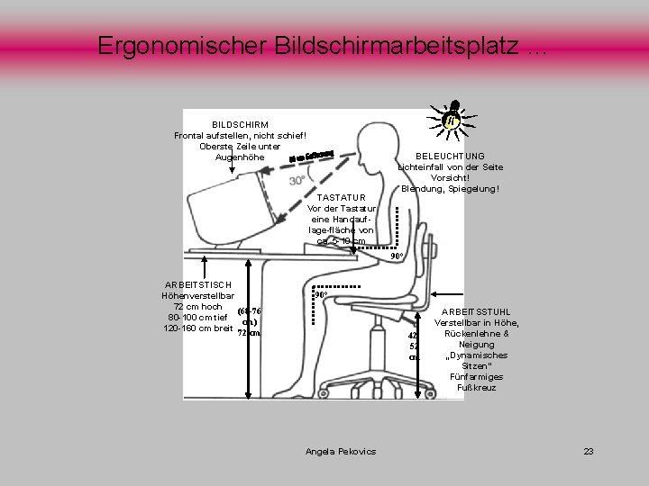 Ergonomischer Bildschirmarbeitsplatz … BILDSCHIRM Frontal aufstellen, nicht schief! Oberste Zeile unter Augenhöhe TASTATUR Vor