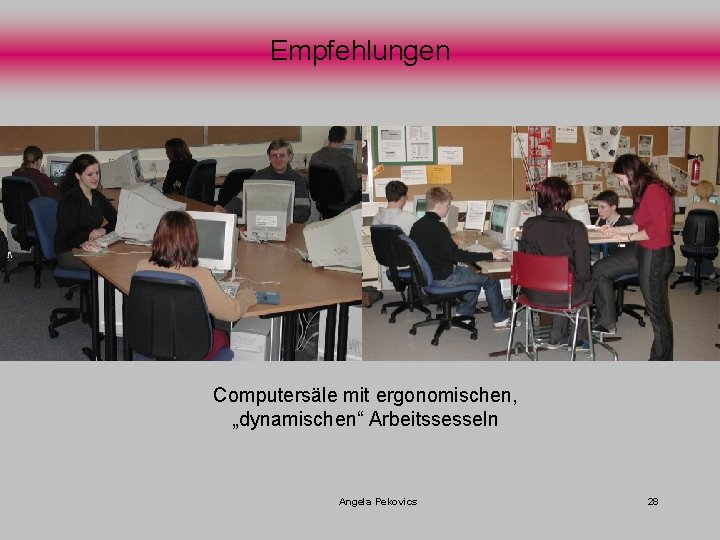 Empfehlungen Computersäle mit ergonomischen, „dynamischen“ Arbeitssesseln Angela Pekovics 28 