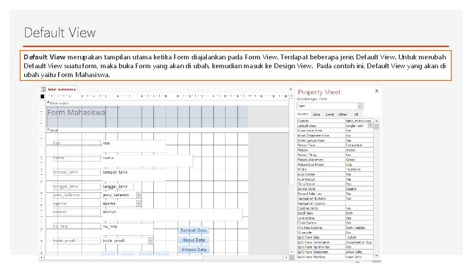 Default View merupakan tampilan utama ketika Form diajalankan pada Form View. Terdapat beberapa jenis