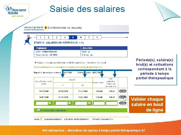 Saisie des salaires Période(s), salaire(s) brut(s) et cotisations correspondant à la période à temps Saisie des salaires Période(s), salaire(s) brut(s) et cotisations correspondant à la période à temps