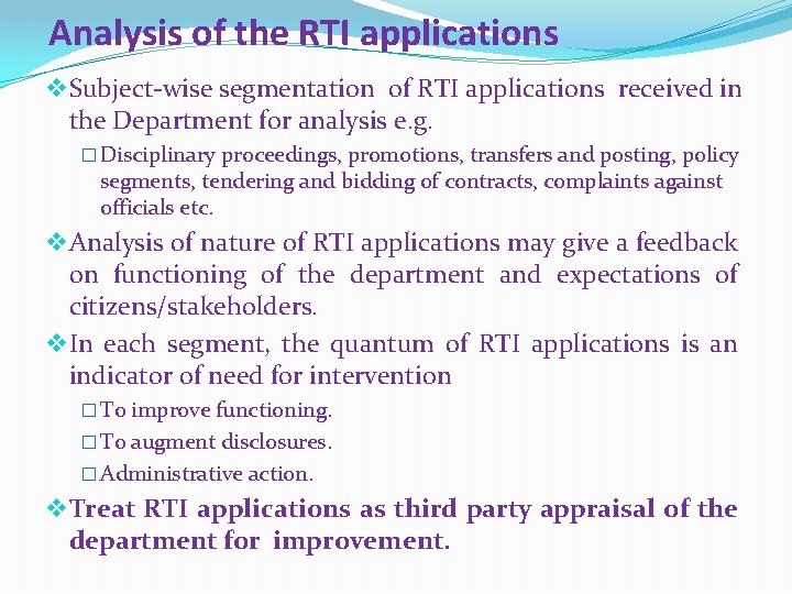 Analysis of the RTI applications v Subject-wise segmentation of RTI applications received in the