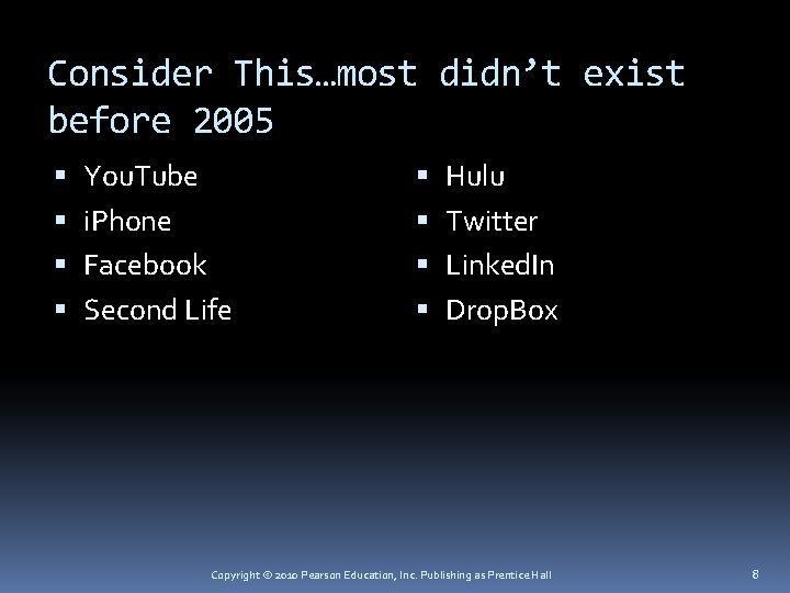 Consider This…most didn’t exist before 2005 You. Tube i. Phone Facebook Second Life Hulu