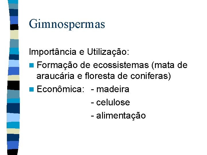 Gimnospermas Importância e Utilização: n Formação de ecossistemas (mata de araucária e floresta de