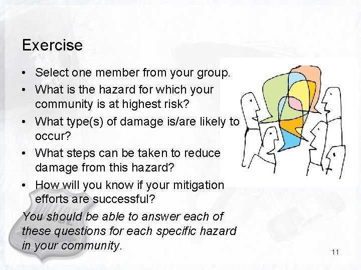 Exercise • Select one member from your group. • What is the hazard for