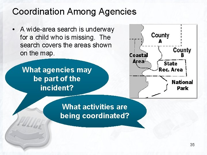 Coordination Among Agencies • A wide-area search is underway for a child who is