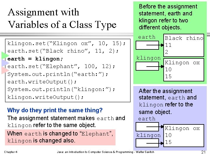 Assignment with Variables of a Class Type klingon. set(“Klingon ox”, 10, 15); earth. set(“Black