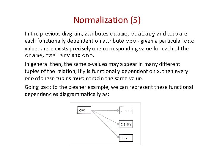 Normalization (5) In the previous diagram, attributes cname, csalary and dno are each functionally