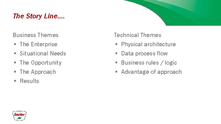 The Story Line…. Business Themes Technical Themes • • • The Enterprise Situational Needs