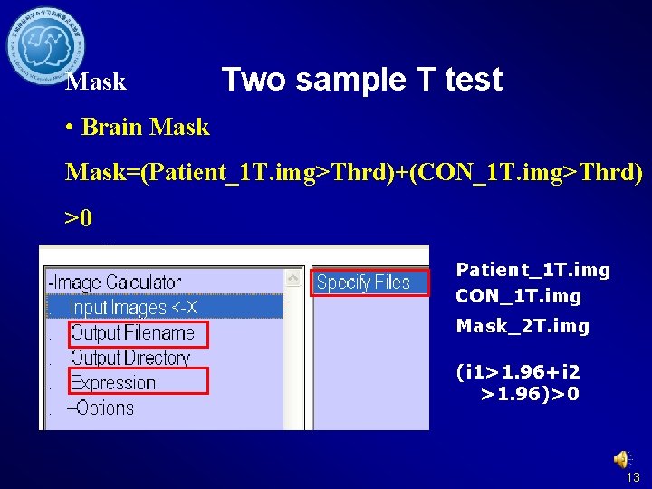 Mask Two sample T test • Brain Mask=(Patient_1 T. img>Thrd)+(CON_1 T. img>Thrd) >0 Patient_1