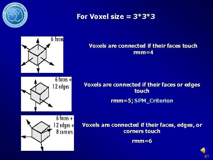 For Voxel size = 3*3*3 Voxels are connected if their faces touch rmm=4 Voxels