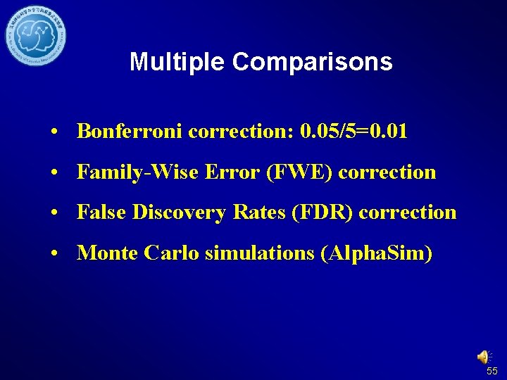 Multiple Comparisons • Bonferroni correction: 0. 05/5=0. 01 • Family-Wise Error (FWE) correction •