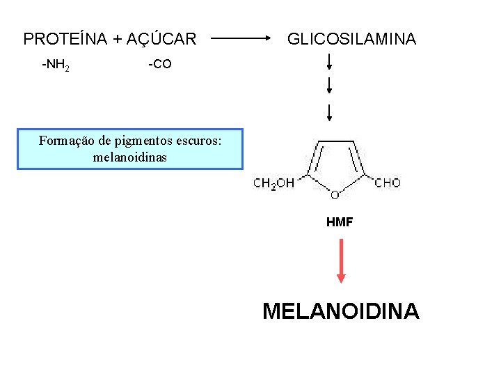 PROTEÍNA + AÇÚCAR -NH 2 GLICOSILAMINA -CO Formação de pigmentos escuros: melanoidinas HMF MELANOIDINA