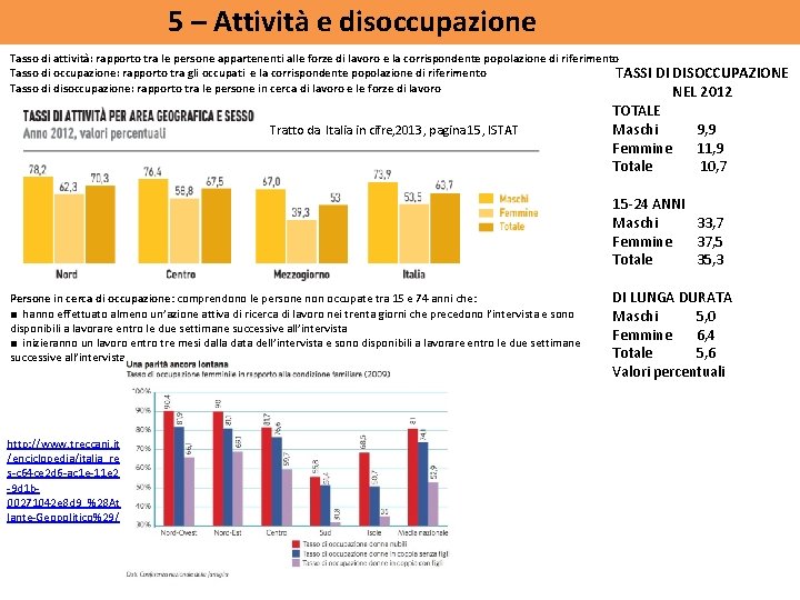 5 – Attività e disoccupazione Tasso di attività: rapporto tra le persone appartenenti alle