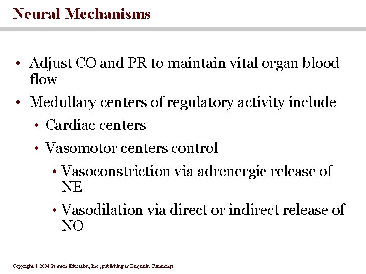 Neural Mechanisms • Adjust CO and PR to maintain vital organ blood flow •