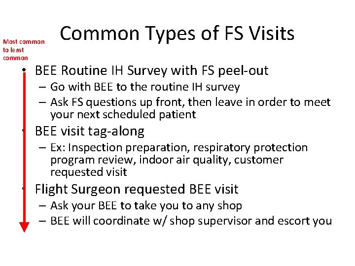 Most common to least common Common Types of FS Visits • BEE Routine IH