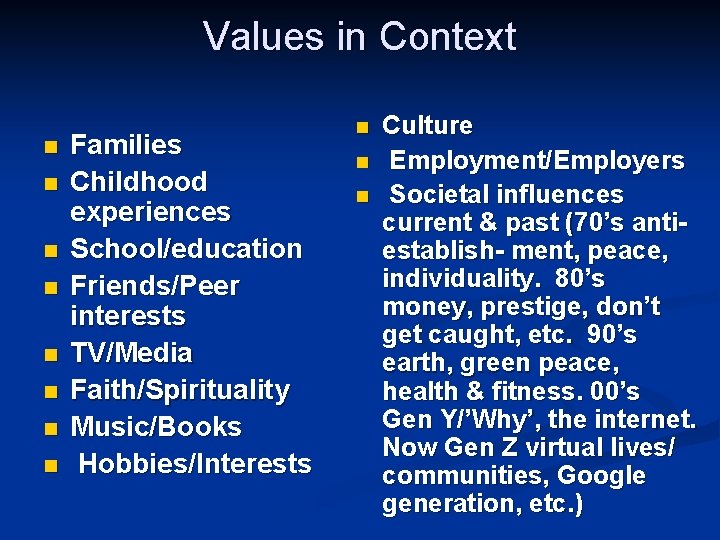 Values in Context n n n n Families Childhood experiences School/education Friends/Peer interests TV/Media Values in Context n n n n Families Childhood experiences School/education Friends/Peer interests TV/Media