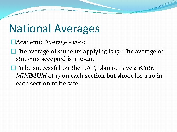 National Averages �Academic Average ~18 -19 �The average of students applying is 17. The