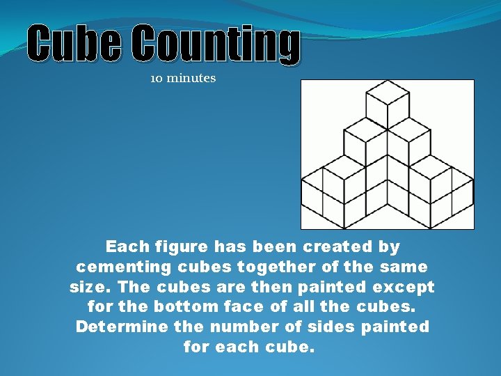 Cube Counting 10 minutes Each figure has been created by cementing cubes together of