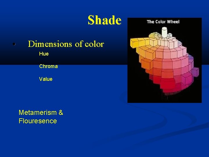 Shade • Dimensions of color Hue Chroma Value Metamerism & Flouresence 