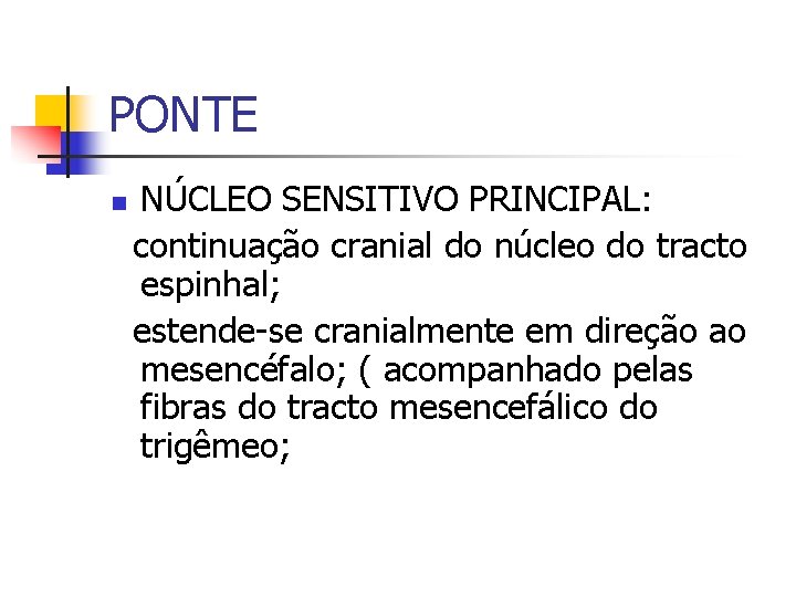 PONTE n NÚCLEO SENSITIVO PRINCIPAL: continuação cranial do núcleo do tracto espinhal; estende-se cranialmente