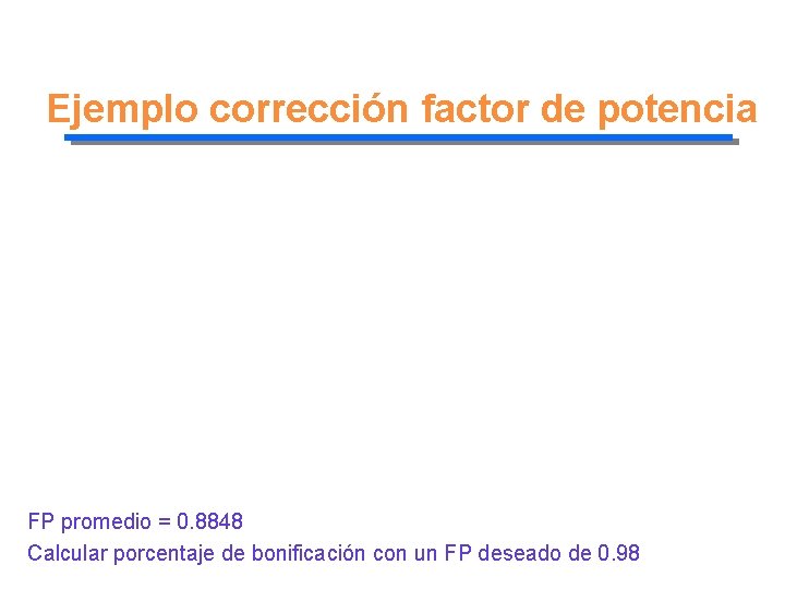 Ejemplo corrección factor de potencia FP promedio = 0. 8848 Calcular porcentaje de bonificación