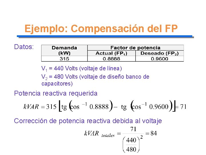 Ejemplo: Compensación del FP Datos: V 1 = 440 Volts (voltaje de línea) V