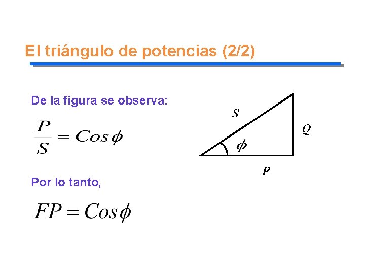 El triángulo de potencias (2/2) De la figura se observa: S Q Por lo