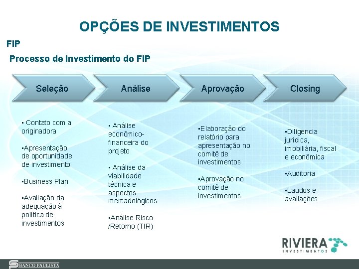 OPÇÕES DE INVESTIMENTOS FIP Processo de Investimento do FIP Seleção • Contato com a