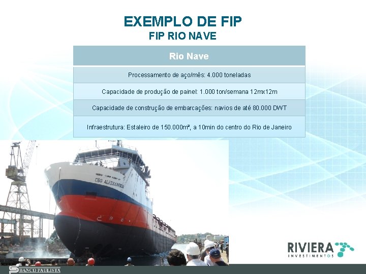 EXEMPLO DE FIP RIO NAVE Rio Nave Processamento de aço/mês: 4. 000 toneladas Capacidade