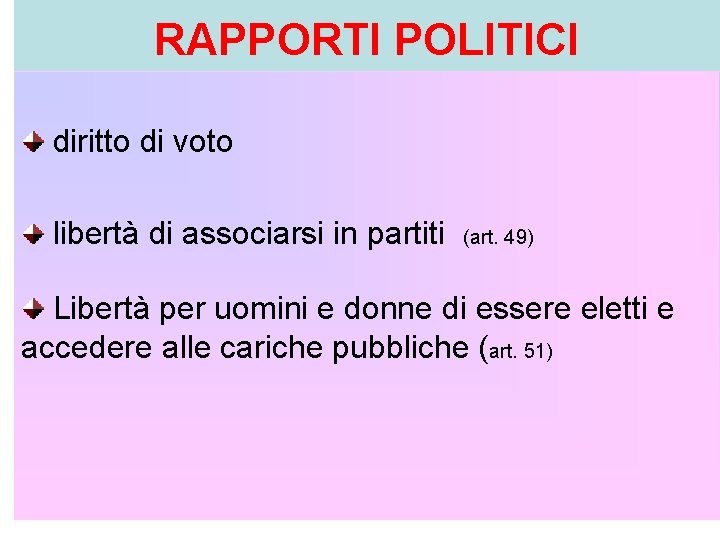 RAPPORTI POLITICI diritto di voto libertà di associarsi in partiti (art. 49) Libertà per