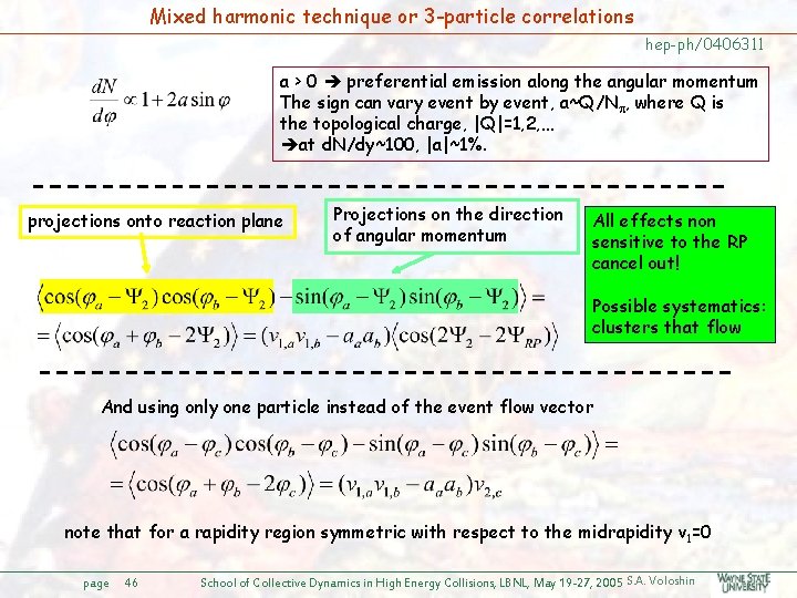 Mixed harmonic technique or 3 -particle correlations hep-ph/0406311 a > 0 preferential emission along