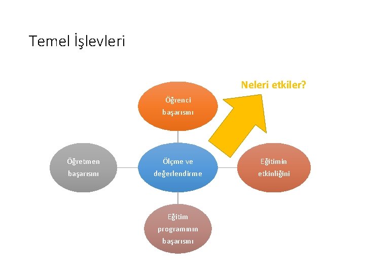 Temel İşlevleri Neleri etkiler? Öğrenci başarısını Öğretmen Ölçme ve Eğitimin başarısını değerlendirme etkinliğini Eğitim