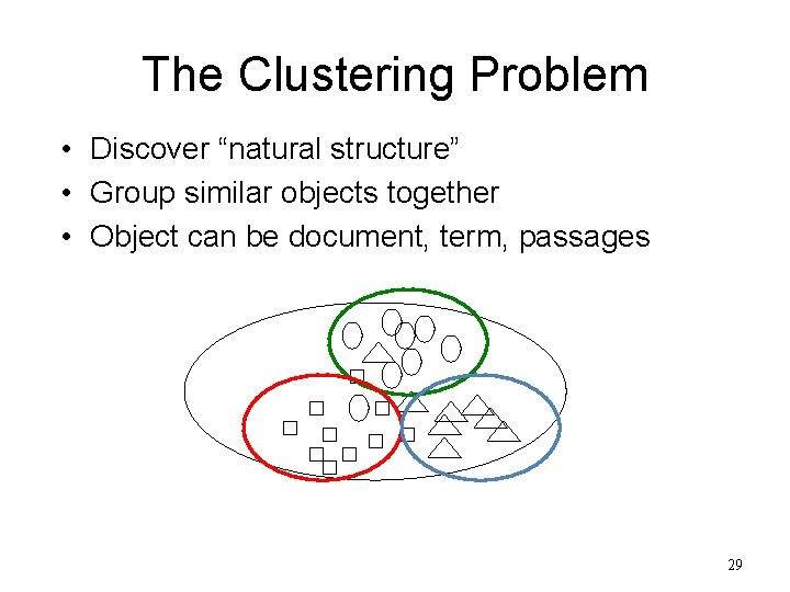 The Clustering Problem • Discover “natural structure” • Group similar objects together • Object