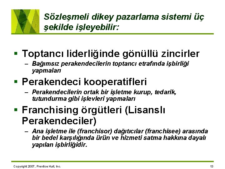 Sözleşmeli dikey pazarlama sistemi üç şekilde işleyebilir: § Toptancı liderliğinde gönüllü zincirler – Bağımsız