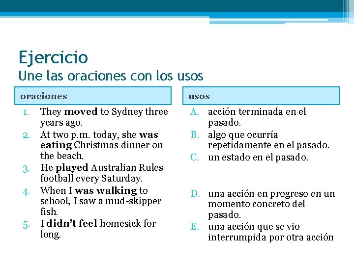 Ejercicio Une las oraciones con los usos oraciones usos 1. A. acción terminada en