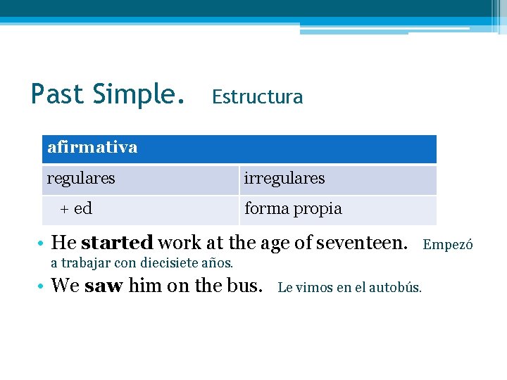 Past Simple. Estructura afirmativa regulares + ed irregulares forma propia • He started work