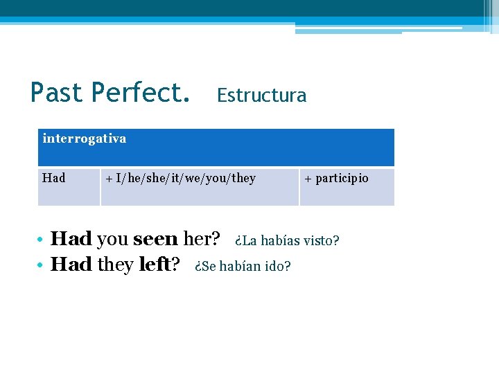 Past Perfect. Estructura interrogativa Had + I/he/she/it/we/you/they + participio • Had you seen her?