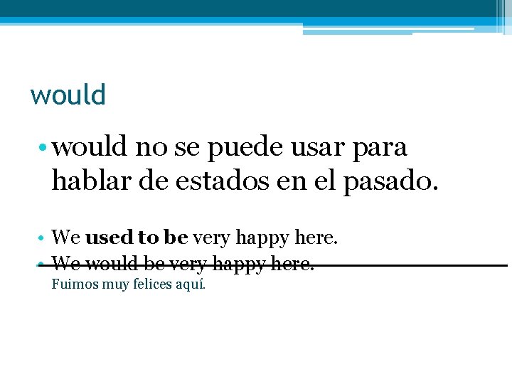 would • would no se puede usar para hablar de estados en el pasado. would • would no se puede usar para hablar de estados en el pasado.