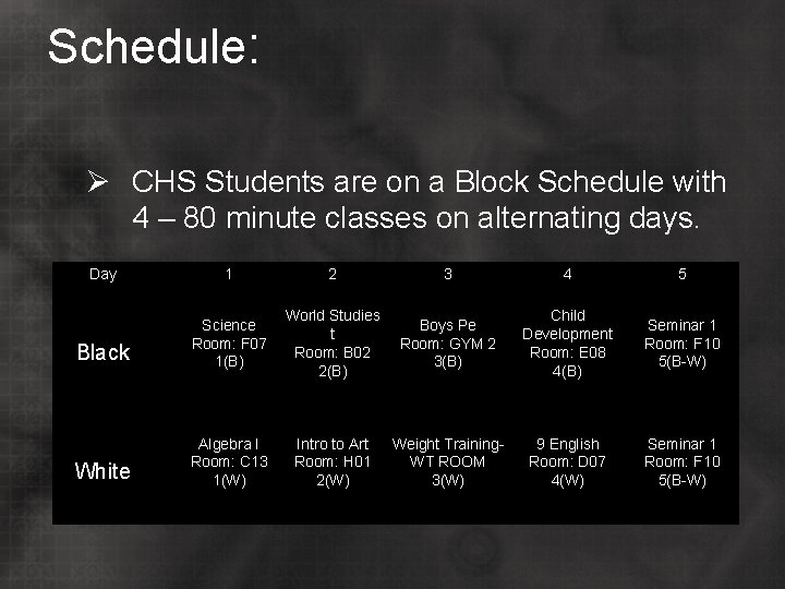 Schedule: Ø CHS Students are on a Block Schedule with 4 – 80 minute