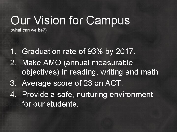Our Vision for Campus (what can we be? ) 1. Graduation rate of 93%