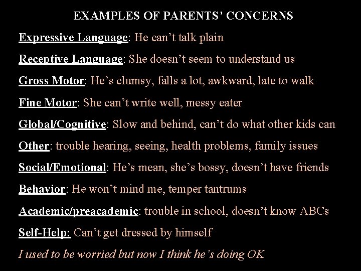 EXAMPLES OF PARENTS’ CONCERNS Expressive Language: He can’t talk plain Receptive Language: She doesn’t