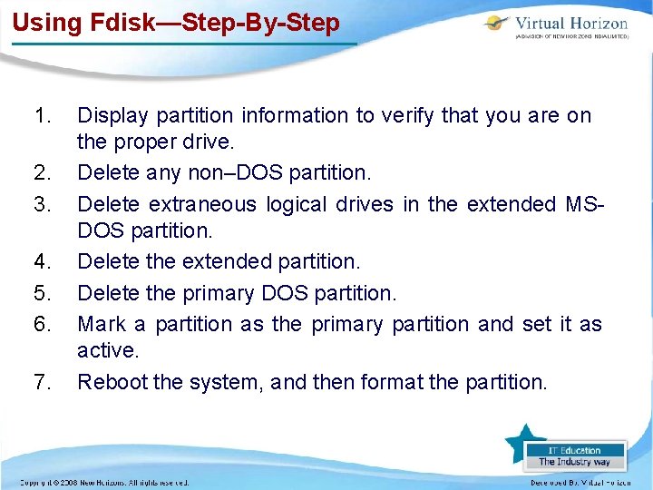 Using Fdisk—Step-By-Step 1. 2. 3. 4. 5. 6. 7. Display partition information to verify