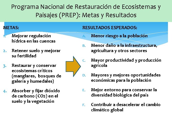 Programa Nacional de Restauración de Ecosistemas y Paisajes (PREP): Metas y Resultados METAS: RESULTADOS