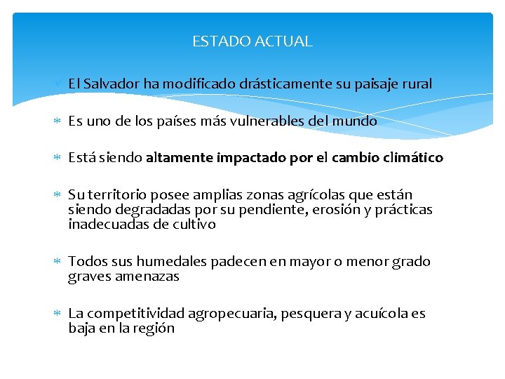 ESTADO ACTUAL ü El Salvador ha modificado drásticamente su paisaje rural Es uno de