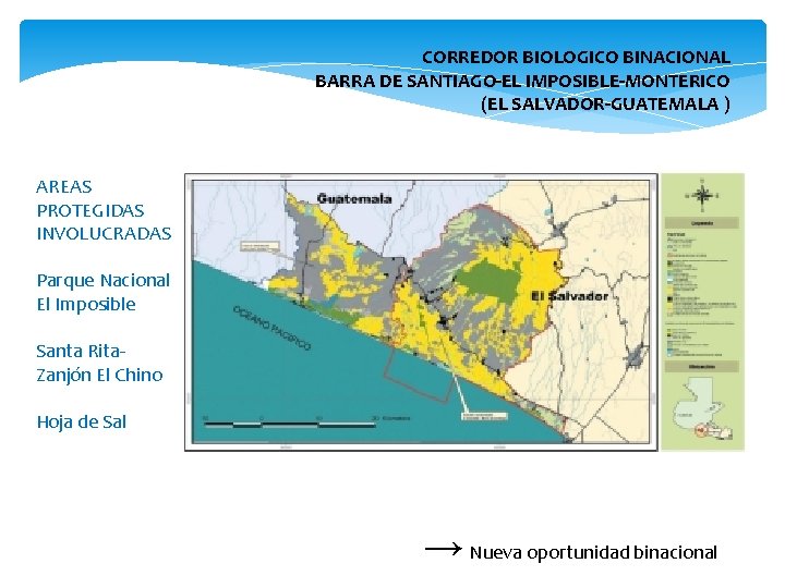 CORREDOR BIOLOGICO BINACIONAL BARRA DE SANTIAGO-EL IMPOSIBLE-MONTERICO (EL SALVADOR-GUATEMALA ) AREAS PROTEGIDAS INVOLUCRADAS Parque