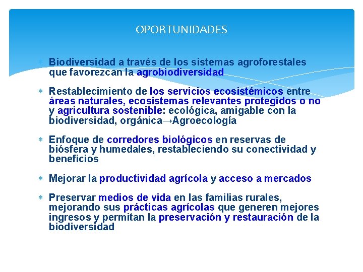 OPORTUNIDADES Biodiversidad a través de los sistemas agroforestales que favorezcan la agrobiodiversidad Restablecimiento de