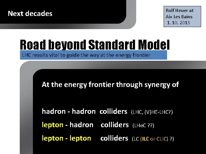 Rolf Heuer at Aix Les Bains 1. 10. 2013 Next decades Road beyond Standard Rolf Heuer at Aix Les Bains 1. 10. 2013 Next decades Road beyond Standard
