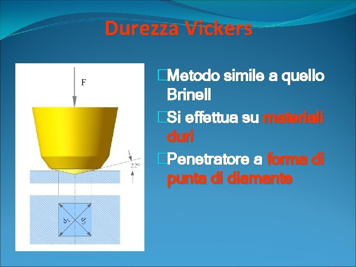 Durezza Vickers �Metodo simile a quello Brinell �Si effettua su materiali duri �Penetratore a